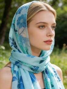 1条新款蓝色印花丝巾，轻盈透气，优雅时尚，女士防晒沙滩旅行围巾，巴厘岛雪纺休闲薄款女士围巾披肩 - 彩色 - 查看 5