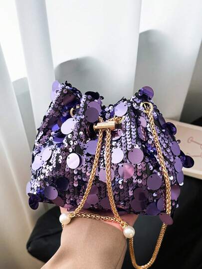 1 chiếc túi xô PVC đính sequin bóng, khóa dây rút, trang trí ngọc trai kim loại, nhiều màu sắc, thích hợp cho nữ dự tiệc tối, đeo vai chéo, đựng son môi, quà tặng thời trang phù hợp với trang phục dự tiệc.