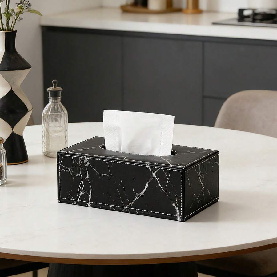 Luxury Marble Pattern Leather Tissue Box, Suitable For Home/Bathroom/Office, Fits Multiple Tissue Sizes, Creative Storage Box For Living Room Coffee Table - Black and White - View 1