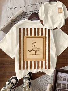 Áo thun nữ cỡ lớn cổ tròn tay ngắn, kiểu dáng thường ngày, in hình cao bồi và ngỗng ngộ nghĩnh, áo mùa hè màu trắng. - trắng - Xem 1
