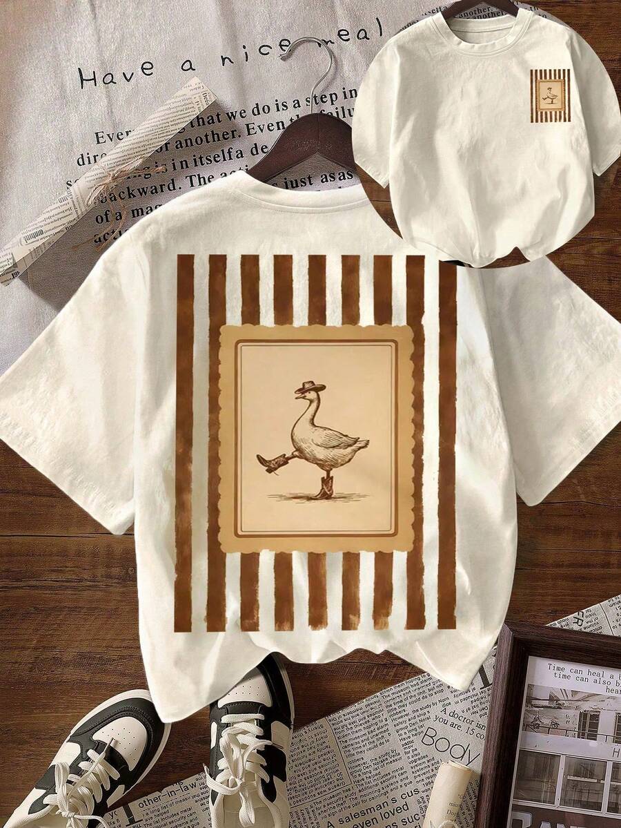 Áo thun nữ cỡ lớn cổ tròn tay ngắn, kiểu dáng thường ngày, in hình cao bồi và ngỗng ngộ nghĩnh, áo mùa hè màu trắng. - trắng - Xem 1