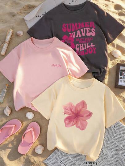 3 قطع/مجموعة تي شيرت قصير الأكمام بطبعة زهرية جميلة للاستخدام اليومي والكاجوال بياقة دائرية، بسيط وأنيق للنساء في الصيف