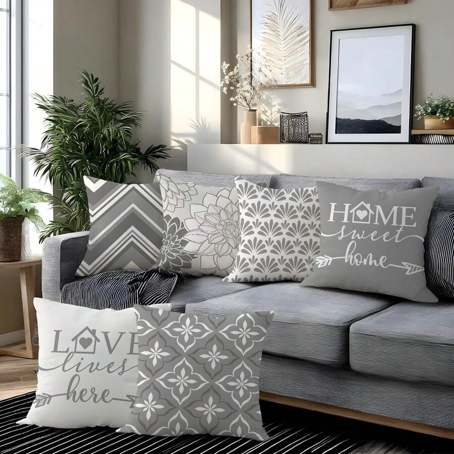MEMNUN 6件套现代简约灰色几何花卉印花装饰抱枕套（不含枕芯），尺寸：17.7*17.7英寸（45*45厘米）/19.69*19.69英寸（50*50厘米）/15.75*15.75英寸（40*40厘米），单面印花，涤纶材质，“家，甜蜜的家，爱在这里”温馨标语，时尚简约的家居装饰抱枕套，适用于沙发、床、客厅、卧室、汽车、办公室、酒店等场所，四季皆宜，是馈赠亲朋好友的完美礼物。 - 彩色 - 查看 1