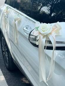 1个仿真玫瑰花汽车装饰蝴蝶结，浪漫缎带花朵饰品，适用于婚礼新娘车后视镜、门把手装饰 - 1PC - 查看 7