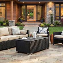 ONBRILL Outdoor Rattan Coffee Table, Wicker Side Table With Storage, All-Weather Outdoor Garden Square Side Table, For Gardens, Backyards, Porches, Poolside - Black - View 7