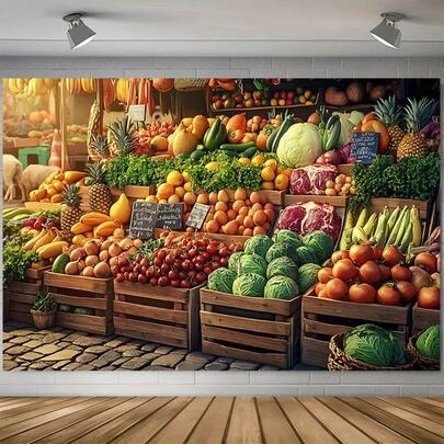2D Flat - A 2D Flat Banner With A Theme Of Fresh Fruits And Vegetables, Perfect For Photography. This Brightly Colored Food Display Background Is An Ideal Choice For Events And Photography Events, And Does Not Require Electricity.