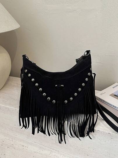 حقيبة كروس بودي كبيرة السعة بسحاب، مزينة بالزخارف المعدنية والشرابات، من قماش المخمل الصناعي/البولي يوريثان، لون أحادي، مناسبة للاستخدام اليومي في الربيع والصيف