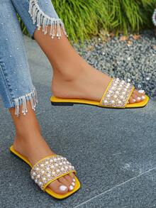 女士闪亮水钻装饰方头单带低跟平底凉鞋，时尚迷人，适合日常穿着、度假、夏季，银色 - 黃色 - 查看 3