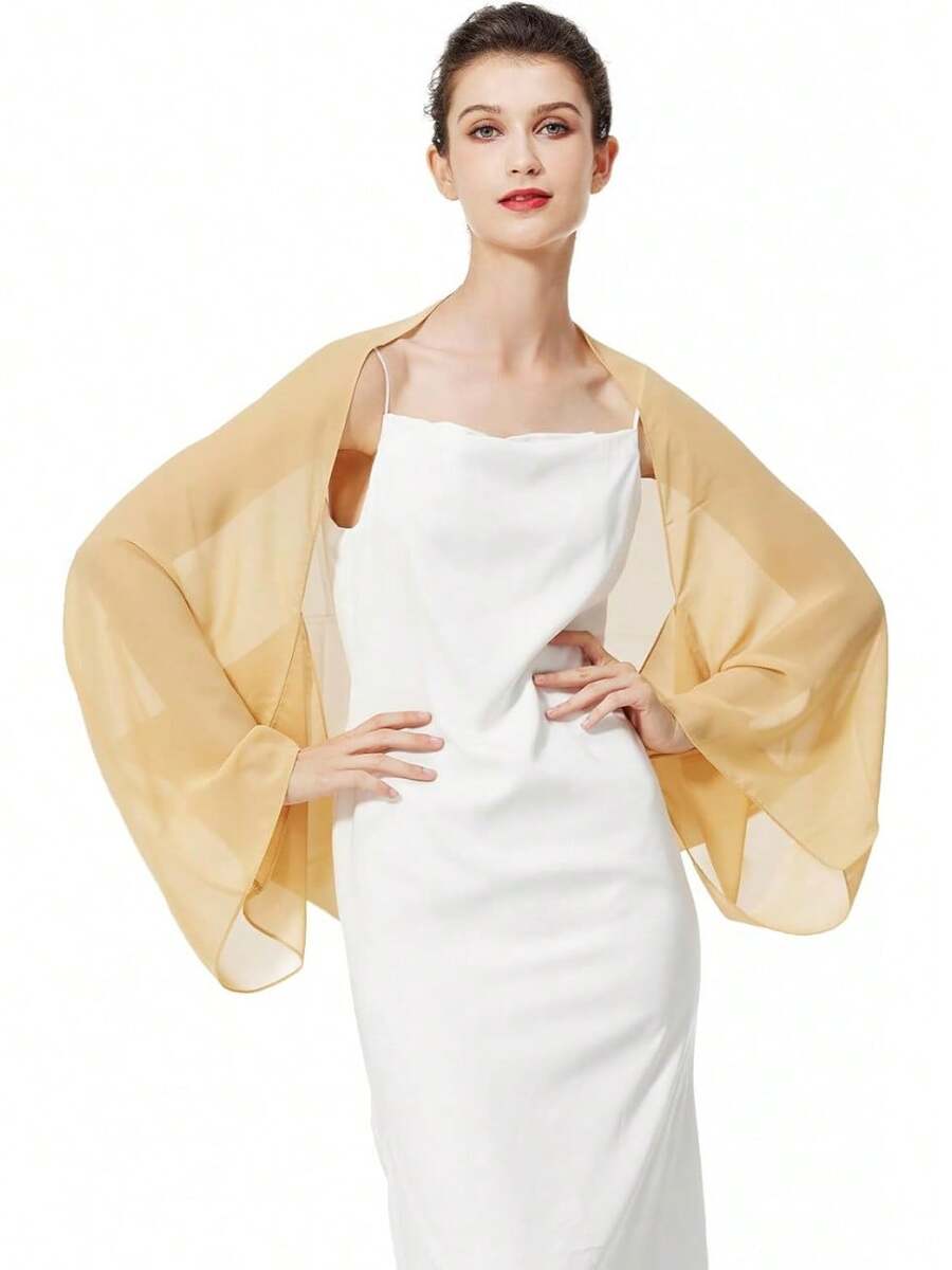 Bridal Wedding Chiffon Shawl Shrug With Arm Hole Bridesmaid Cover Up Evening Party Summer Shawl - 芥末黃 - 查看 1