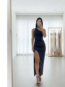 Elegant Party Long Slit Dress | Premium Suplex | Graduation, Wedding, Guest, Prom, Backless - 黑色 - 查看 1