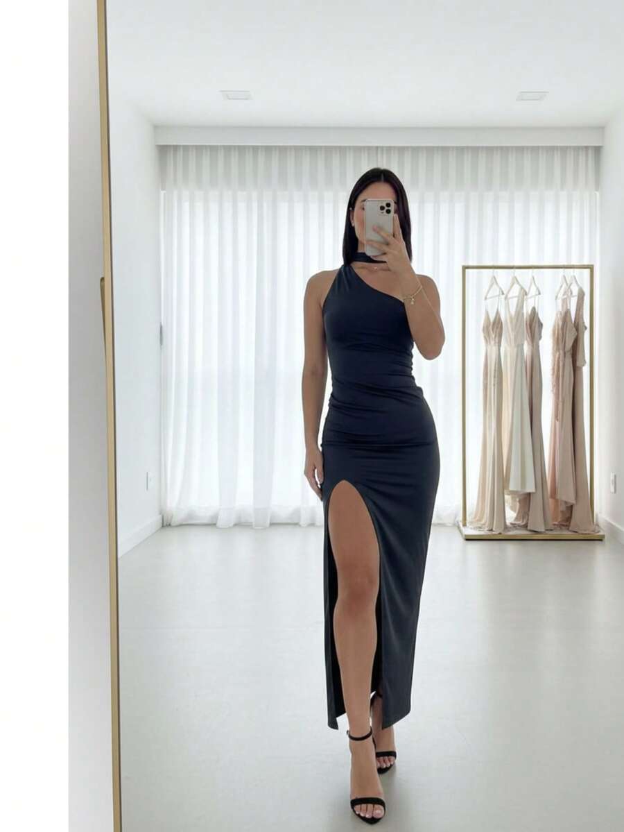 Elegant Party Long Slit Dress | Premium Suplex | Graduation, Wedding, Guest, Prom, Backless - 黑色 - 查看 1