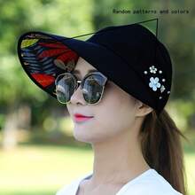 Women's Wide-Brim Sun Hat With Faux Pearls And Floral Decorations - Foldable Beach And Picnic Hat, Lightweight And Breathable, Suitable For Outdoor Activities, All-Season Sun Hat, Picnic Headwear, Fashionable Headwear, Durable Headwear - 黑色 - 查看 2