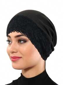 1pc New Lace Patchwork Headscarf, Muslim Women Daily Wear Turban Hat - Solid Color - View 12