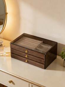 1pc Luxury Walnut Wood Jewelry Box, 3-Layer Wooden Jewelry Storage Box, Drawer Style Jewelry Case, Acrylic Jewelry Organizer, Classic Style - Multicolor - View 15
