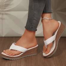 Womens Wedges Heels Braided Thong Flats Sandals Lightweight Summer Beach Walking Travel Outdoor Platform Sandals Shoes - 白色 - 查看 7