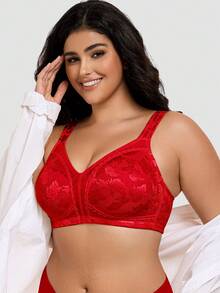 Plus Size Wireless Soft Comfortable Jacquard Full Coverage Unpadded Everyday Bra - Red - View 5