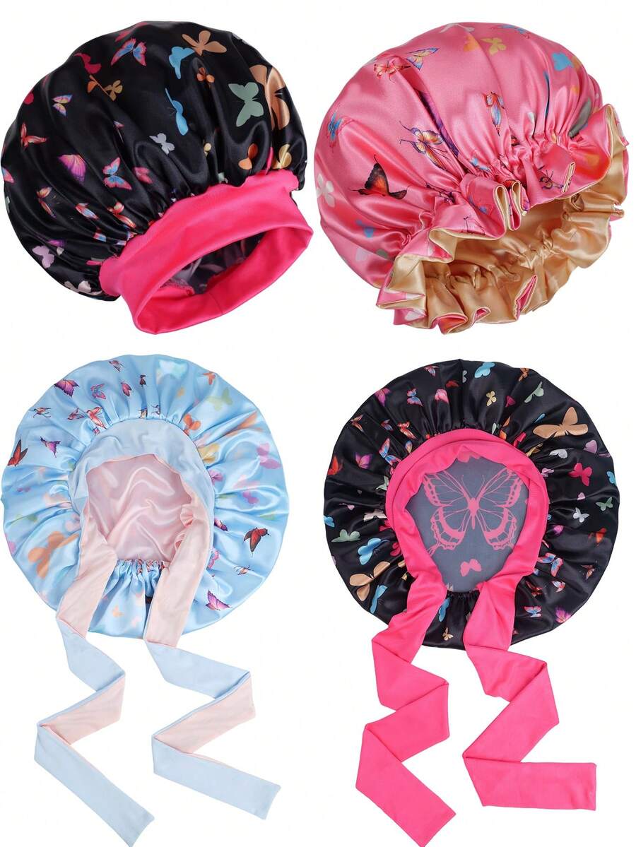 1pc Satin Butterfly Print Sleep Cap, Suitable For Wigs Straight/Curly Hair, Adjustable Pleated Double Layer Non-Slip Satin Sleep Cap, Hair Care
