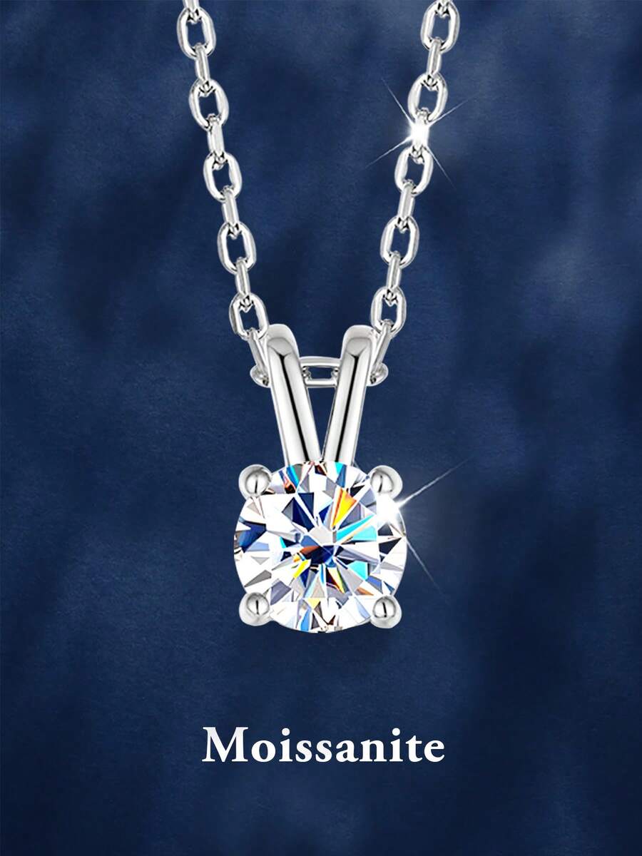 1 pieza Elegante collar de plata de ley 925 con moissanita de 1 quilate y 6.5mm, adecuado para uso diario, fiestas, vacaciones, Día de San Valentín, Día de la Madre, aniversario de boda, regalo de joyería de cumpleaños para mujeres - Plateado - Ver 1