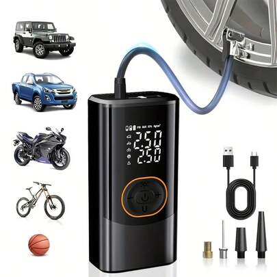 Compresor de aire portátil recargable con manómetro digital, 150PSI, luz LED, inflador de neumáticos inalámbrico para coche, motocicleta, bicicleta, color negro, diseño compacto, estructura duradera, interfaz Tipo-C