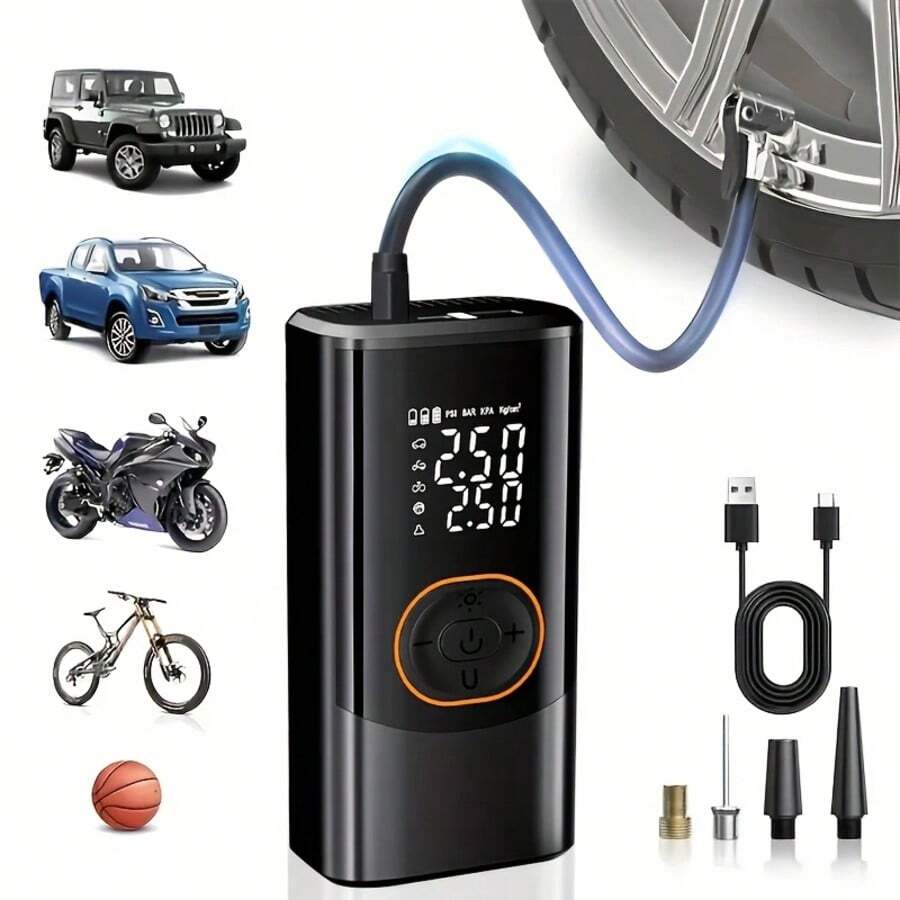 Rechargeable Portable Air Compressor Pump With Digital Pressure Gauge, 150PSI, LED Light, Wireless Tire Inflator For Car, Motorcycle, Bicycle, Black, Compact Design, Durable Structure, Type-C Interface