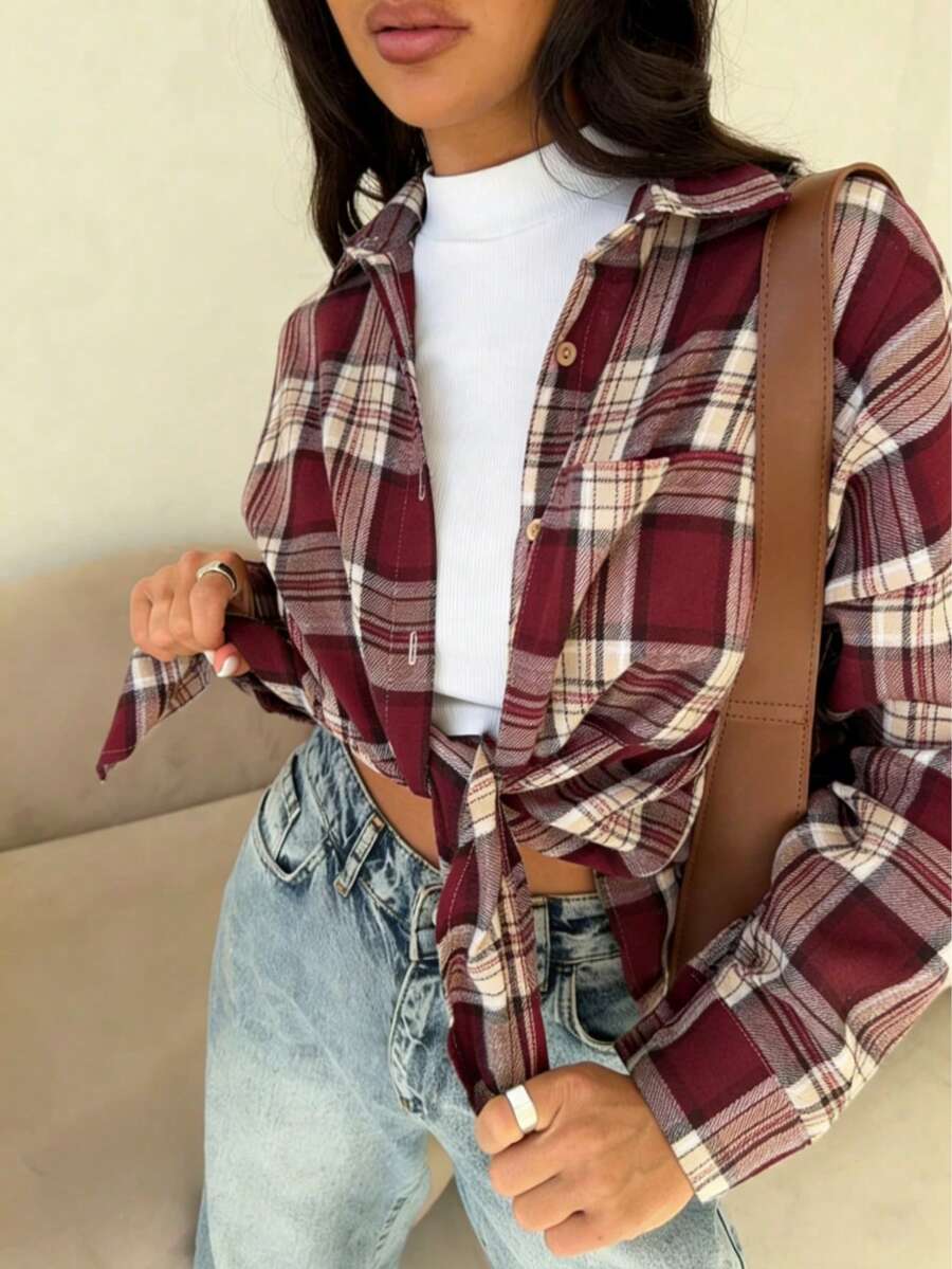 Women's Comfortable Casual Retro Plaid Front Button Pocket Long Sleeve Shirt, New Spring Style, Popular Spring Jacket Vacation
