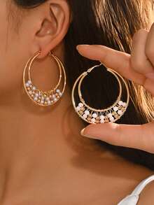 1 Pair Bohemian Style Metal Beaded Hoop Earrings, Geometric Circle Earrings For Women, Elegant Accessory For Holiday, Beach - Gold - View 9