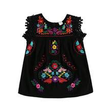 Toddler Baby Infant Girls Summer Cotton Linen Boho Dress Floral Embroidery Square Neck Lace Ruffle Fly Sleeve Sleeveless Summer Beach Sundress Vacation Bohemian Dress A-Line Dress - 黑色 - 查看 6