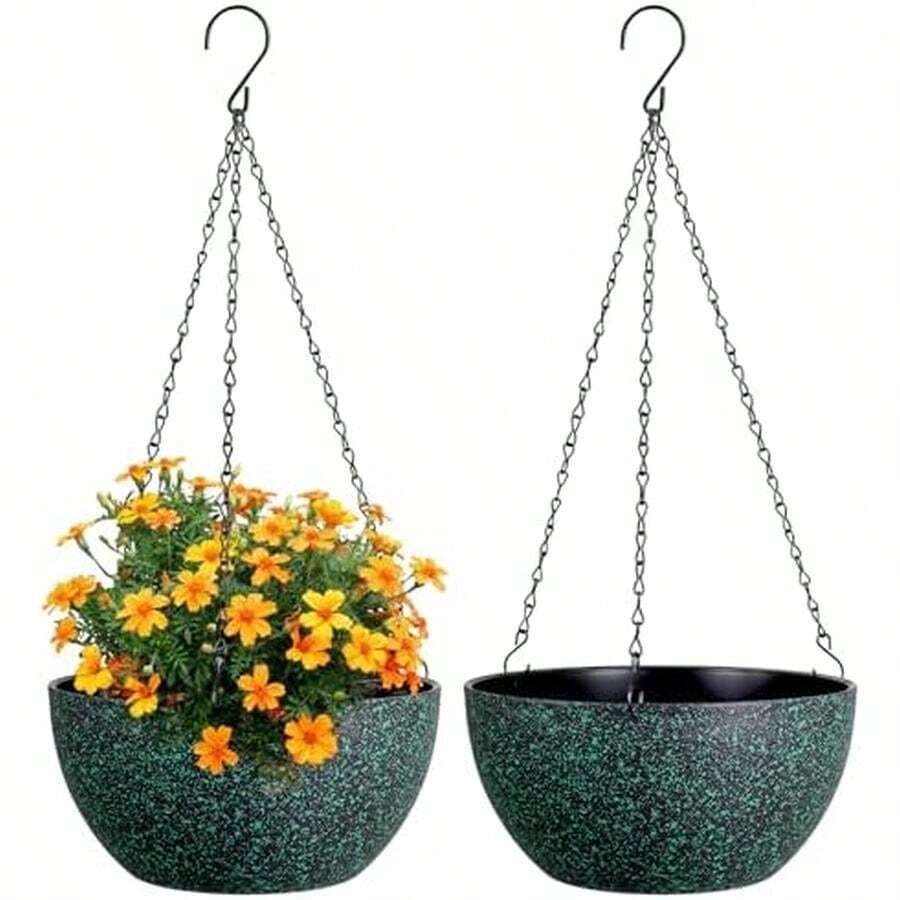 8 Inch Small Hanging Planters For Indoor Outdoor Plants, 2 Pack Hanging Flower Pots With Drainage Holes And Chain, Plastic Hanging Baskets For House Plants, Black With Green Speckles - 8inch 2pcs-Black With Green Speckles - 查看 1