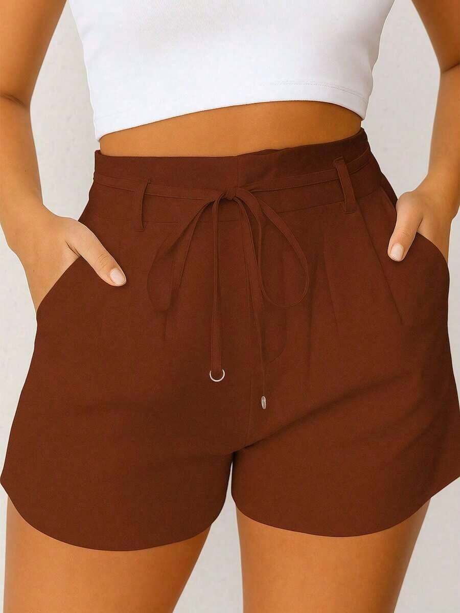 Short Feminino Alfaiataria Social com Cordão e Argola verão 2026 - Marrom - Visão 1