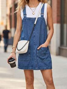 CICILEEDA Women's Casual Sleeveless Denim Pinafore Dress With Straps, Raw Wash Short Length For Everyday Wear - 藍色 - 查看 1