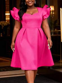Plus Size Women Sweetheart Neck Short Sleeve Ruffle Hem Birthday Party Dress Summer - 玫紅色 - 查看 1