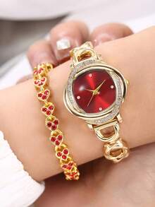 两件套女士优雅奢华红色渐变表盘石英表及心形手链套装，金色合金表带，适合日常、派对、婚礼、周年纪念等场合，可作礼物。 - 紅色 - 查看 7
