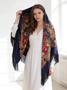 NAAMLOOS 1pc 155x155cm Floral Print Bohemian Vintage Polyester Tassel Oversized Scarf/Shawl, High-End, Versatile For Women, All Seasons - Multicolor - View 22
