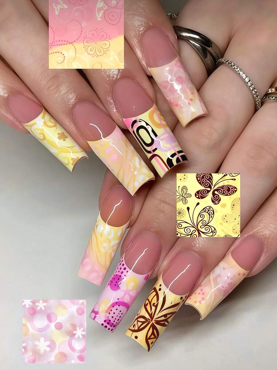 Upgrade Your Look With Y2K Style! Use 24pcs Rectangular Press-On Fake Nails To Change Your Nails, With Fresh And Dreamy: Light Yellow Gradient Star Pattern; Wide-Edge French Nude Base; Minimalist Fashionable Y2K Style Press-On Nails; Brown Line Butterfly Pattern; Colorful Asymmetrical Geometric Shapes - Multicolor - View 1