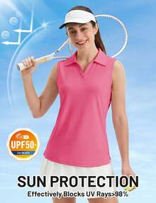 KEFITEVD Womens Golf Shirt Sleeveless UPF 50+ Polo Shirts Collared Tennis Tops V Neck Athletic Workout Quick Dry - Màu Hồng Tươi - Xem 2