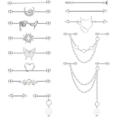 Diamday Pendientes de barra para perforación industrial de 14G y 16G para mujeres y hombres, de acero quirúrgico para cartílago y hélix, joyería de perforación para regalos de oreja