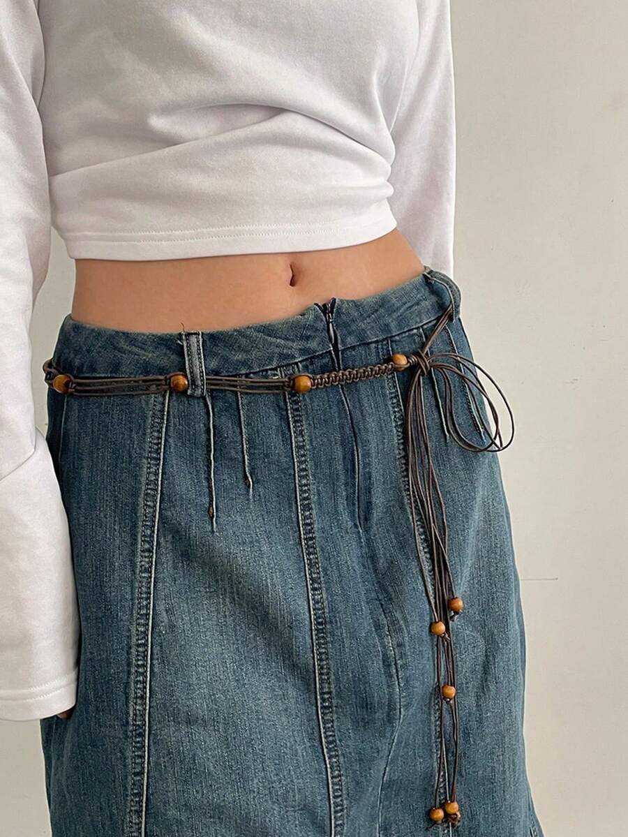 1件复古串珠涤纶腰绳 - 咖啡 - 查看 1