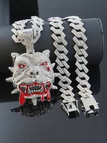 1 Conjunto Novo Produto Hip Hop Pingente Personalizado de Buldogue Colar Corrente Cubana de Diamante Pulseira Relógio Vermelho Masculino Conjunto Acessórios Masculinos Personalizados e Modernos - Vermelho - Visão 3