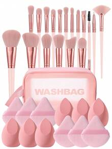 31件套化妆工具套装，包括：18件套化妆刷+1个多功能防水拉链化妆包+6个化妆海绵+6个三角粉扑 - 粉色 - 查看 1