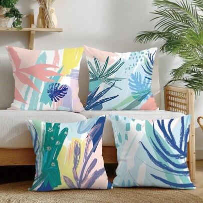4pcs Minimalist Colorful Geometric Abstract Leaf Throw Pillow Covers, Single-Sided Printed Peach Velvet Polyester, 45*45CM/18*18inch Cushion Covers For Room Decor, Modern Minimalist Sofa Living Room Decoration, Gift, Party
