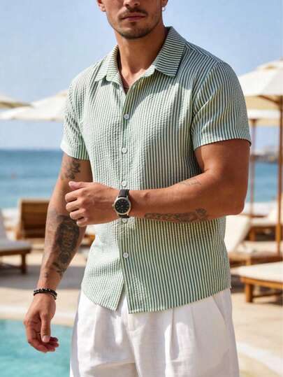 Men's Striped Textured Short Sleeve Shirt, Lightweight Breathable Men's Striped Shirt, Suitable For Casual Outings, Beach Leisure Striped Short Sleeve Top