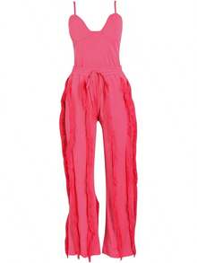CALEBGAR Women 2 Piece Outfits Fringe Tassel Wide Leg Pants Set Adjustable Spaghetti Strap Bodysuit Sexy Clubwear Matching Sets. - 玫紅色 - 查看 5