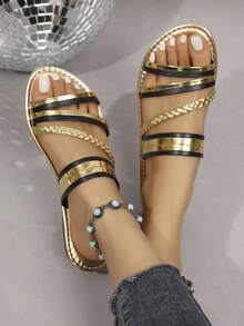 Women's Niche Metal Chain Striped Square Toe Flat Sandals, Retro Summer Beach Resort Style Gold Versatile Open Toe Slippers - Gold - View 4