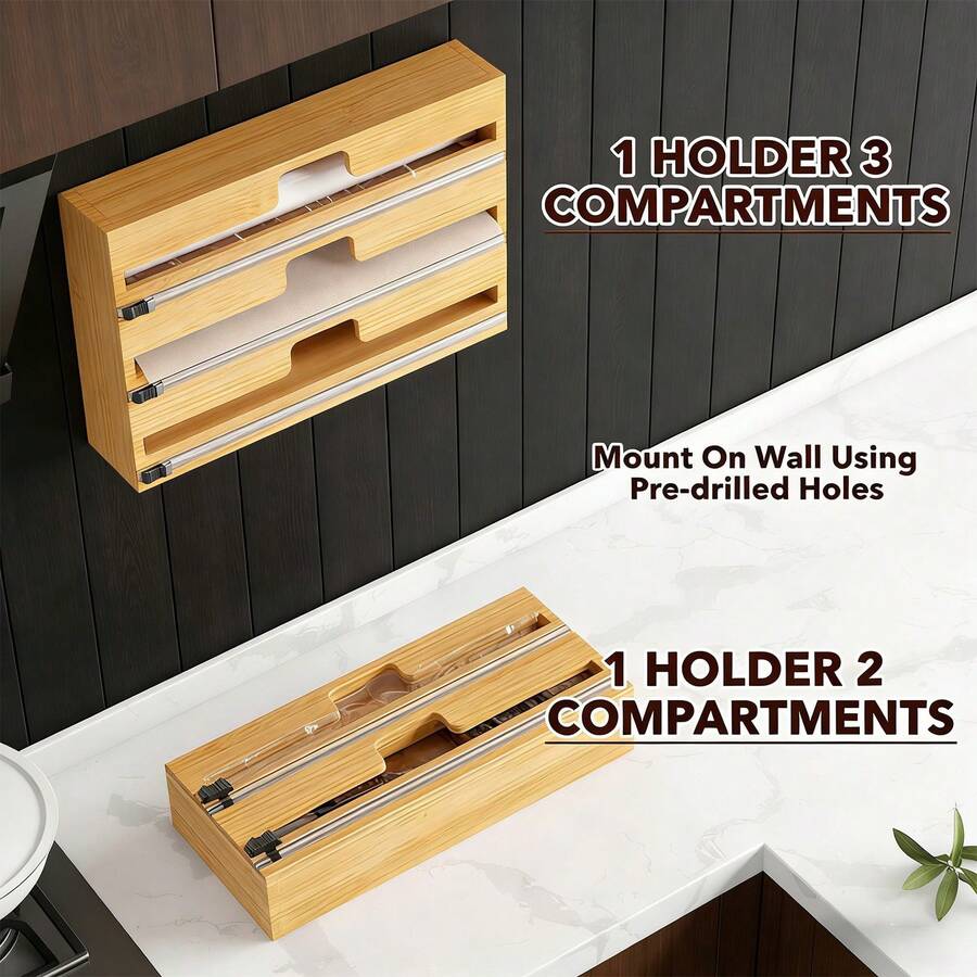 2-In-1 Bamboo Wrap Dispenser With Built-In Slide Cutter, 3 Slots Organizer For Plastic Wrap Aluminum Foil, Fits 15" Rolls, Kitchen Drawer Storage With 21 Label Stickers, Requires 3" Deep Drawer, 16.X5.5x2.8 Inch - 查看 1