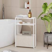 Mesa auxiliar estrecha mesas auxiliares delgadas con cesta de tela mesa delgada para espacios pequeños mesita de noche delgada para sala de estar dormitorio 1 Blanco + Marrón Camel - Blanco Camel Brown - Ver 6