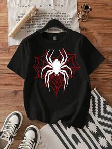 Graphic-Shirt Cotton Tees Size PlusAttitoon Loose-Fit Spider Printed Round Neck Short Sleeve Women's T-Shirt, Summer Back To School ,Y2K,Oversized Shirt Men,Summer Tops - 黑色 - 查看 1