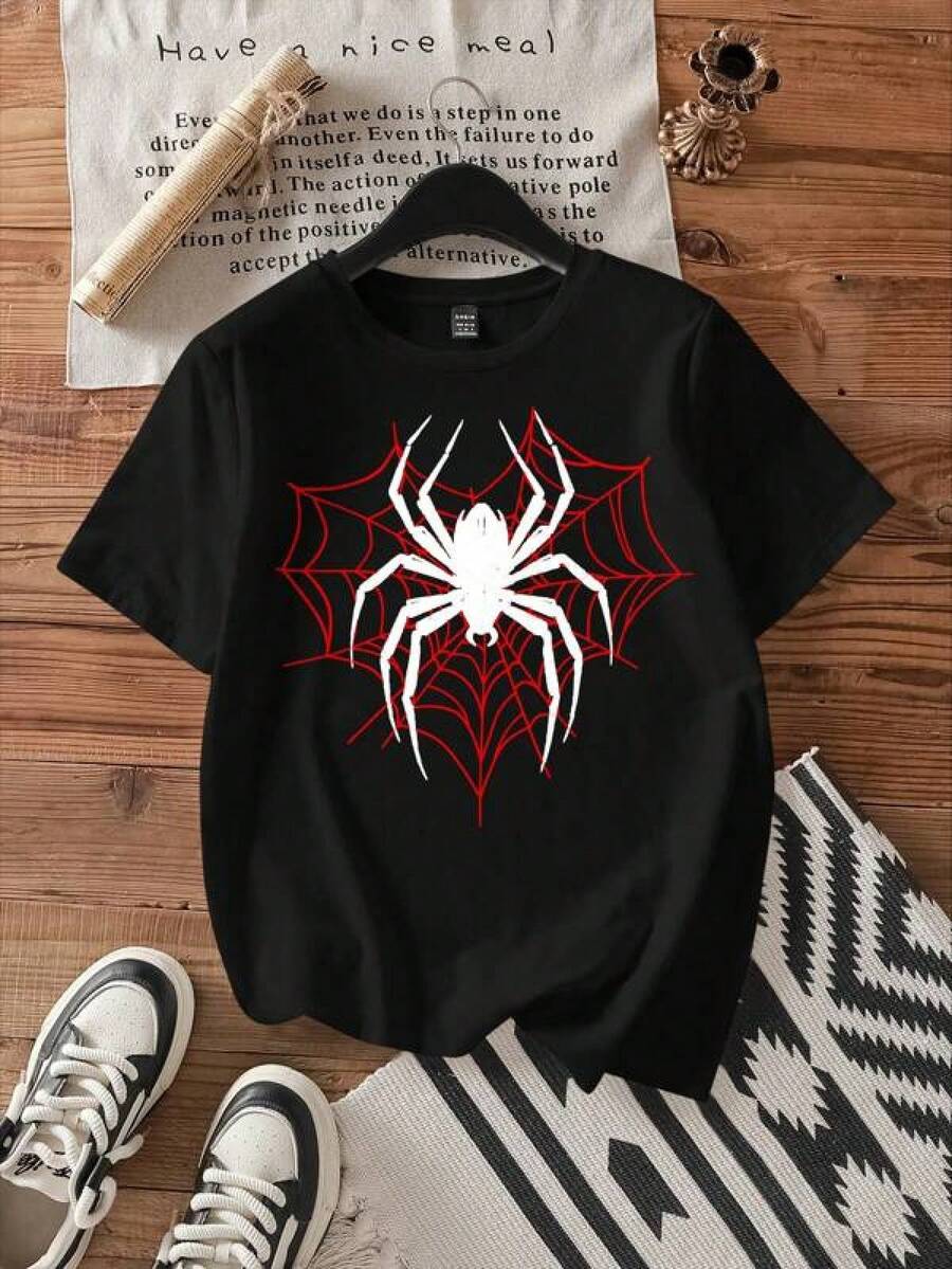 Graphic-Shirt Cotton Tees Size PlusAttitoon Loose-Fit Spider Printed Round Neck Short Sleeve Women's T-Shirt, Summer Back To School ,Y2K,Oversized Shirt Men,Summer Tops - 黑色 - 查看 1