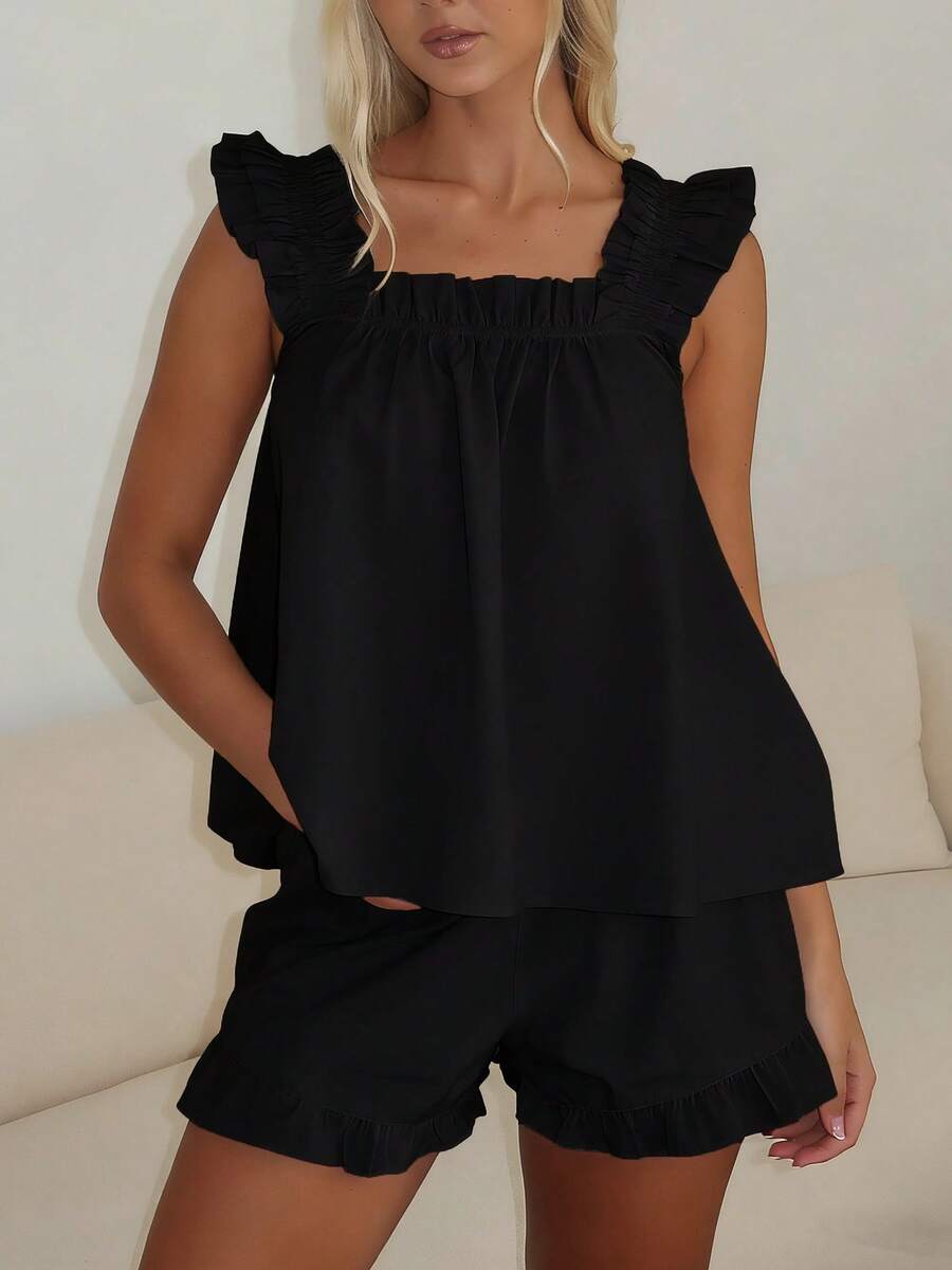 Women Summer Pajama Set Solid Flying Sleeve Tank Tops And Ruffle Shorts 2 Piece Casual Lounge Outfit