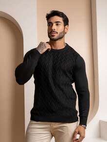 TRICOT DE LUXO Men's Sweater, Knitted With Embossed Pattern, Crew Neck, Winter 26 - Black - View 3