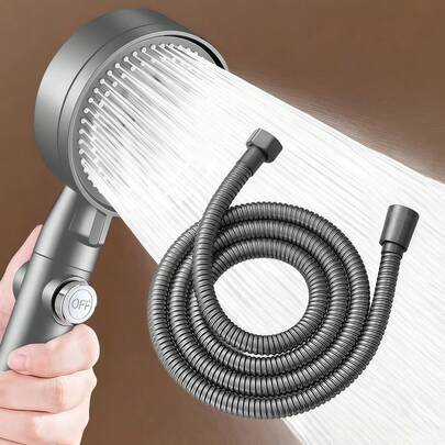 5-Setting High Pressure Handheld Shower Head Set With On/Off Pause Switch - Universal Connector, 1.5m Shower Hose - Fits Standard European And US Bathroom Fittings Threads